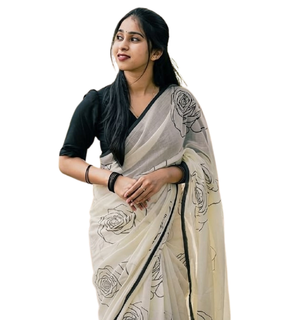 Women's Linen Floral Printed Saree With Unstitched Blouse - 5.5 Mtr (White-Black)