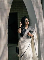 Women's Linen Floral Printed Saree With Unstitched Blouse - 5.5 Mtr (White-Black)