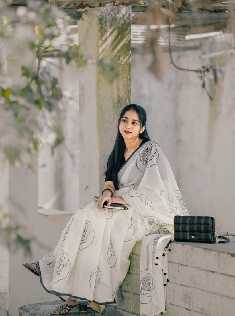 Women's Linen Floral Printed Saree With Unstitched Blouse - 5.5 Mtr (White-Black)
