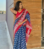 Women's Linen Printed Saree With Unstitched Blouse - 5.5 Mtr (Blue-Red)