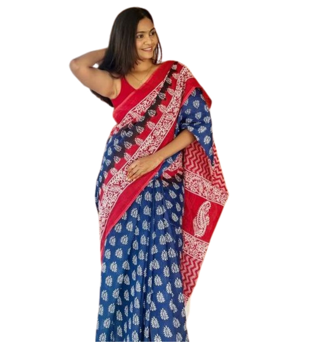 Women's Linen Printed Saree With Unstitched Blouse - 5.5 Mtr (Blue-Red)