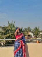 Women's Linen Printed Saree With Unstitched Blouse - 5.5 Mtr (Blue-Red)
