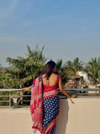Women's Linen Printed Saree With Unstitched Blouse - 5.5 Mtr (Blue-Red)