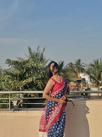 Women's Linen Printed Saree With Unstitched Blouse - 5.5 Mtr (Blue-Red)