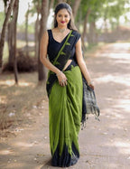 Women's Linen Kalamkari Printed Saree With Unstitched Blouse - 5.5 Mtr (Olive Green-Black)