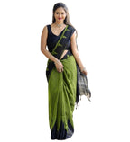 Women's Linen Kalamkari Printed Saree With Unstitched Blouse - 5.5 Mtr (Olive Green-Black)