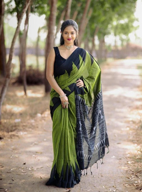 Women's Linen Kalamkari Printed Saree With Unstitched Blouse - 5.5 Mtr (Olive Green-Black)