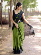Women's Linen Kalamkari Printed Saree With Unstitched Blouse - 5.5 Mtr (Olive Green-Black)