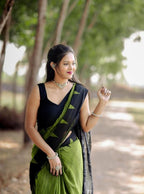 Women's Linen Kalamkari Printed Saree With Unstitched Blouse - 5.5 Mtr (Olive Green-Black)