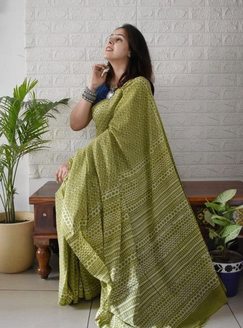 Women's Linen Printed Saree With Unstitched Blouse - 5.5 Mtr (Green)