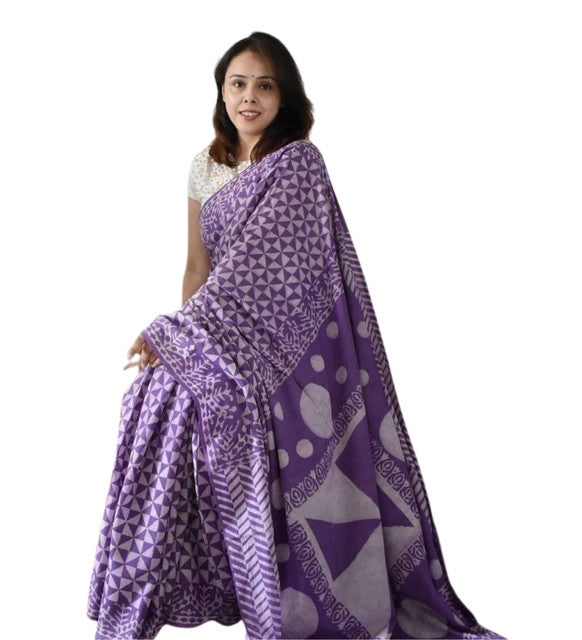 Women's Linen Printed Saree With Unstitched Blouse - 5.5 Mtr (Purple)
