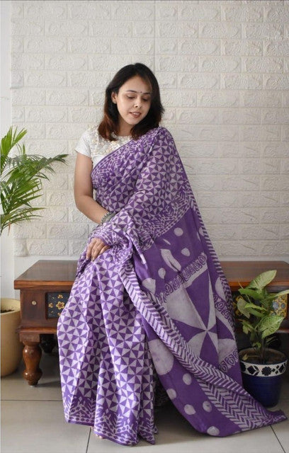 Women's Linen Printed Saree With Unstitched Blouse - 5.5 Mtr (Purple)