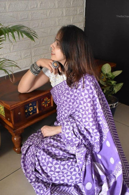 Women's Linen Printed Saree With Unstitched Blouse - 5.5 Mtr (Purple)