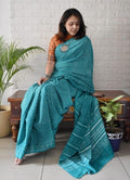 Women's Linen Printed Saree With Unstitched Blouse - 5.5 Mtr (Teal)