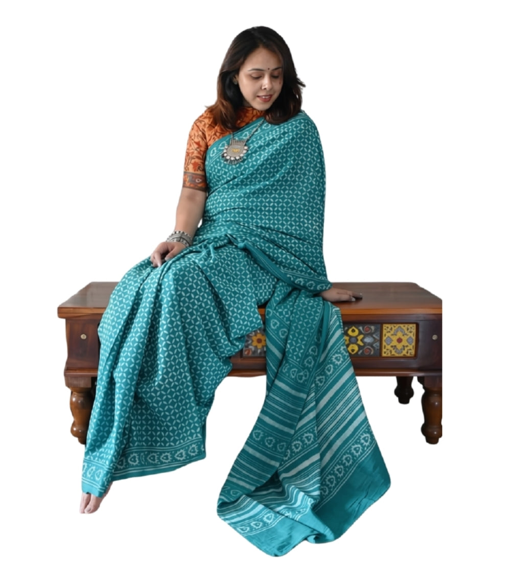 Women's Linen Printed Saree With Unstitched Blouse - 5.5 Mtr (Teal)