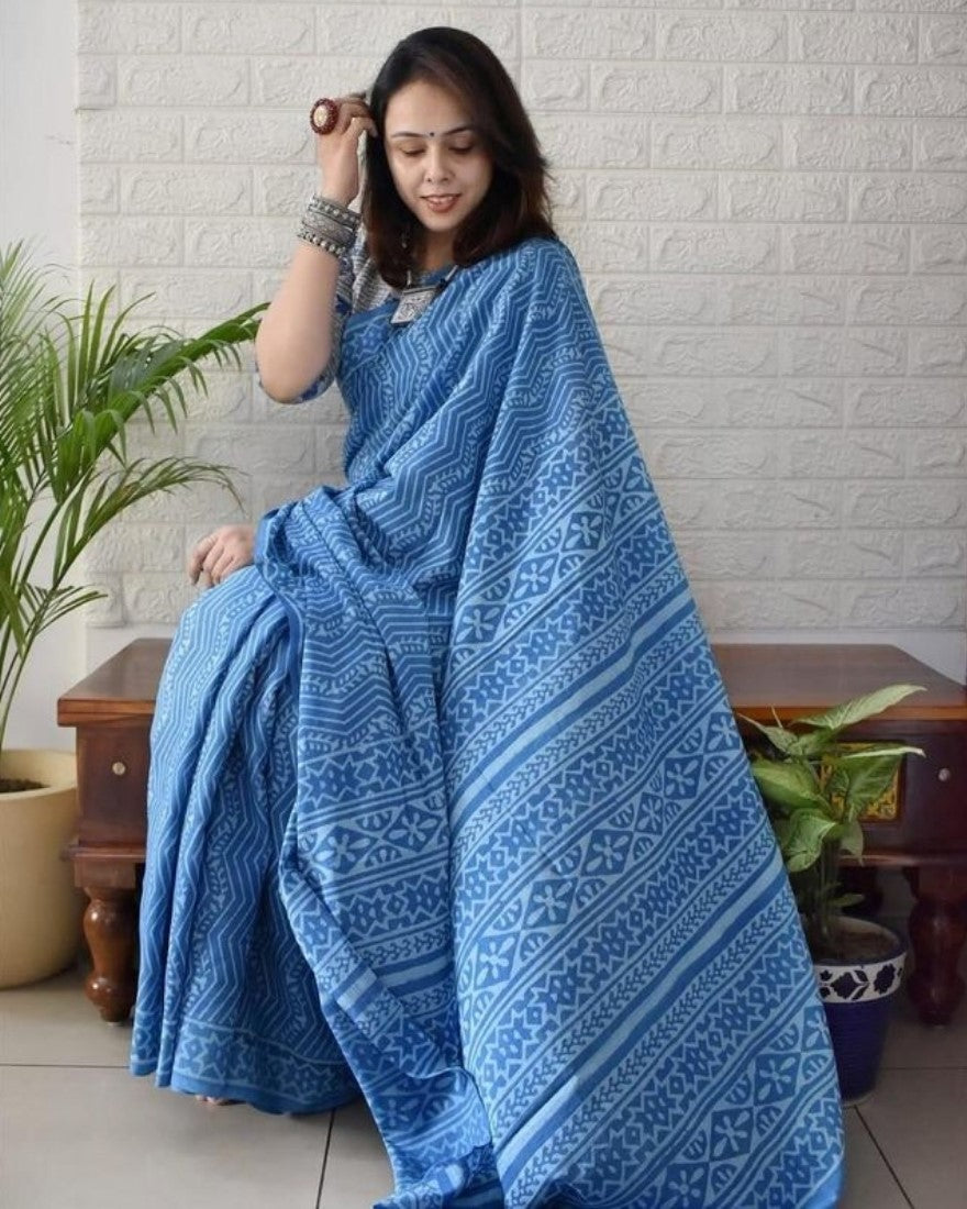 Women's Linen Printed Saree With Unstitched Blouse - 5.5 Mtr (Royal blue)