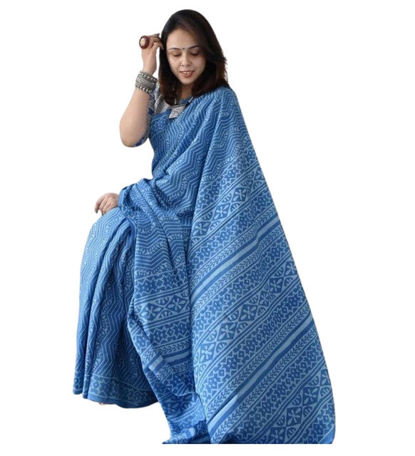 Women's Linen Printed Saree With Unstitched Blouse - 5.5 Mtr (Royal blue)