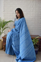 Women's Linen Printed Saree With Unstitched Blouse - 5.5 Mtr (Royal blue)
