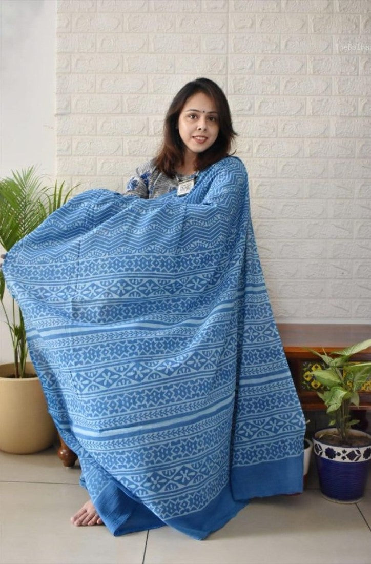 Women's Linen Printed Saree With Unstitched Blouse - 5.5 Mtr (Royal blue)