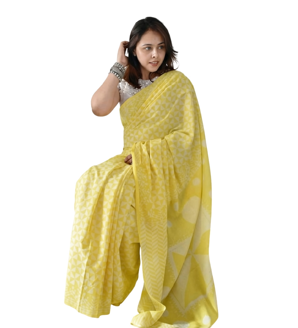 Women's Linen Printed Saree With Unstitched Blouse - 5.5 Mtr (Yellow)