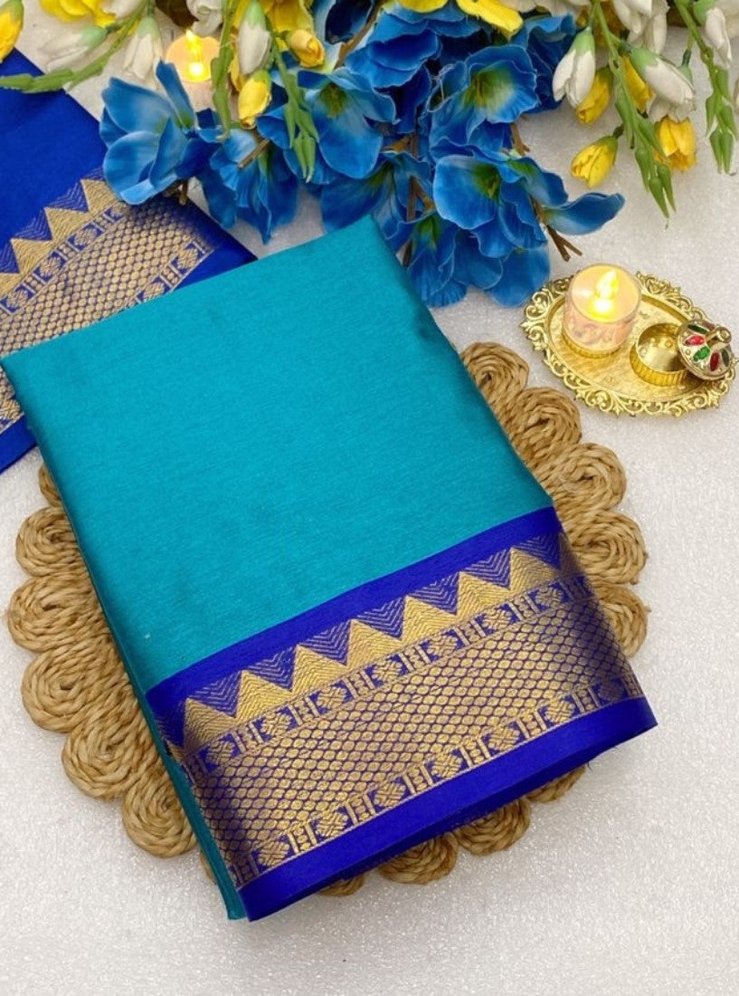 Women's Cotton Silk Striped Saree With Unstitched Blouse - 5.5 Mtr (Teal-Royal Blue)