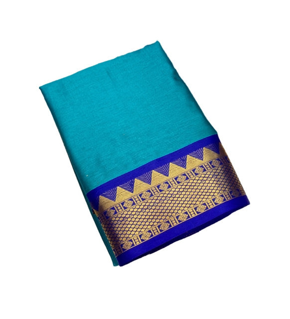 Women's Cotton Silk Striped Saree With Unstitched Blouse - 5.5 Mtr (Teal-Royal Blue)
