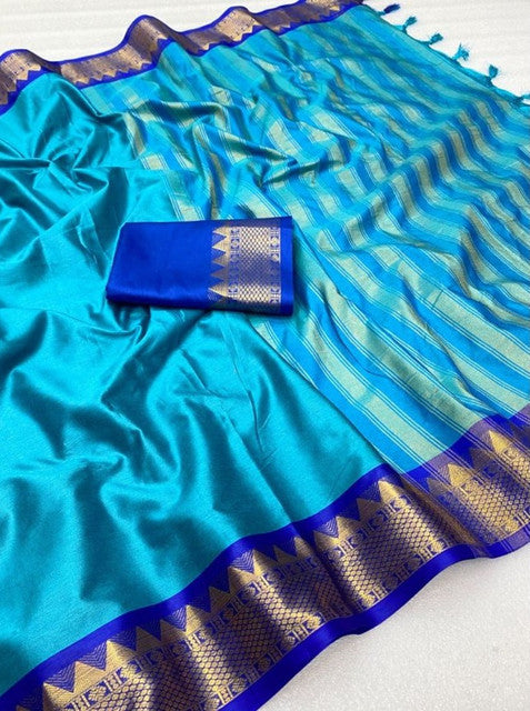 Women's Cotton Silk Striped Saree With Unstitched Blouse - 5.5 Mtr (Teal-Royal Blue)