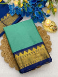 Women's Cotton Silk Striped Saree With Unstitched Blouse - 5.5 Mtr (Sea Green-Royal Blue)