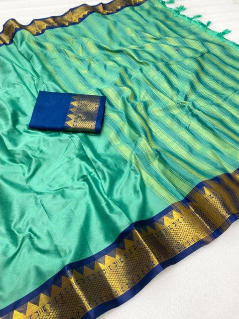 Women's Cotton Silk Striped Saree With Unstitched Blouse - 5.5 Mtr (Sea Green-Royal Blue)