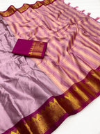 Women's Cotton Silk Striped Saree With Unstitched Blouse - 5.5 Mtr (Lavender-Maroon)