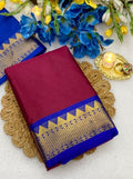 Women's Cotton Silk Striped Saree With Unstitched Blouse - 5.5 Mtr (Maroon-Royal Blue)