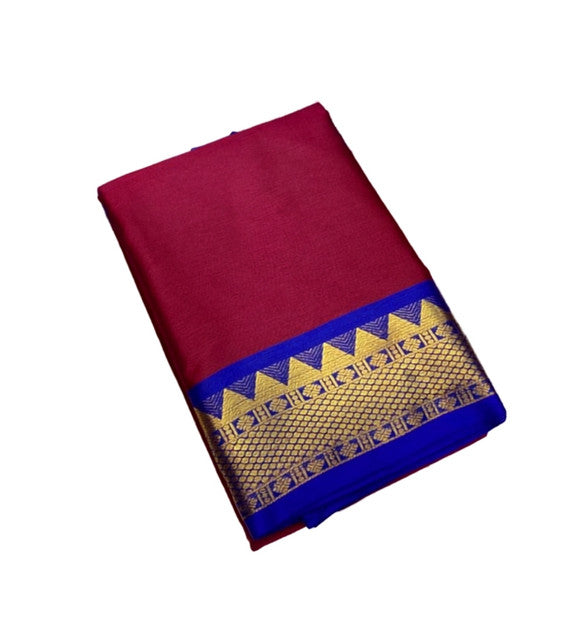 Women's Cotton Silk Striped Saree With Unstitched Blouse - 5.5 Mtr (Maroon-Royal Blue)