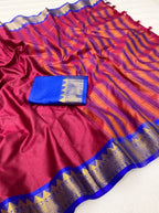 Women's Cotton Silk Striped Saree With Unstitched Blouse - 5.5 Mtr (Maroon-Royal Blue)
