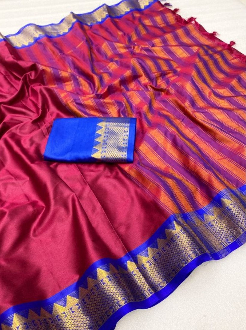 Women's Cotton Silk Striped Saree With Unstitched Blouse - 5.5 Mtr (Maroon-Royal Blue)