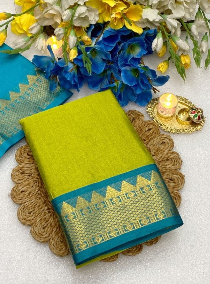 Women's Cotton Silk Striped Saree With Unstitched Blouse - 5.5 Mtr (Lemon Yellow-Teal Blue)