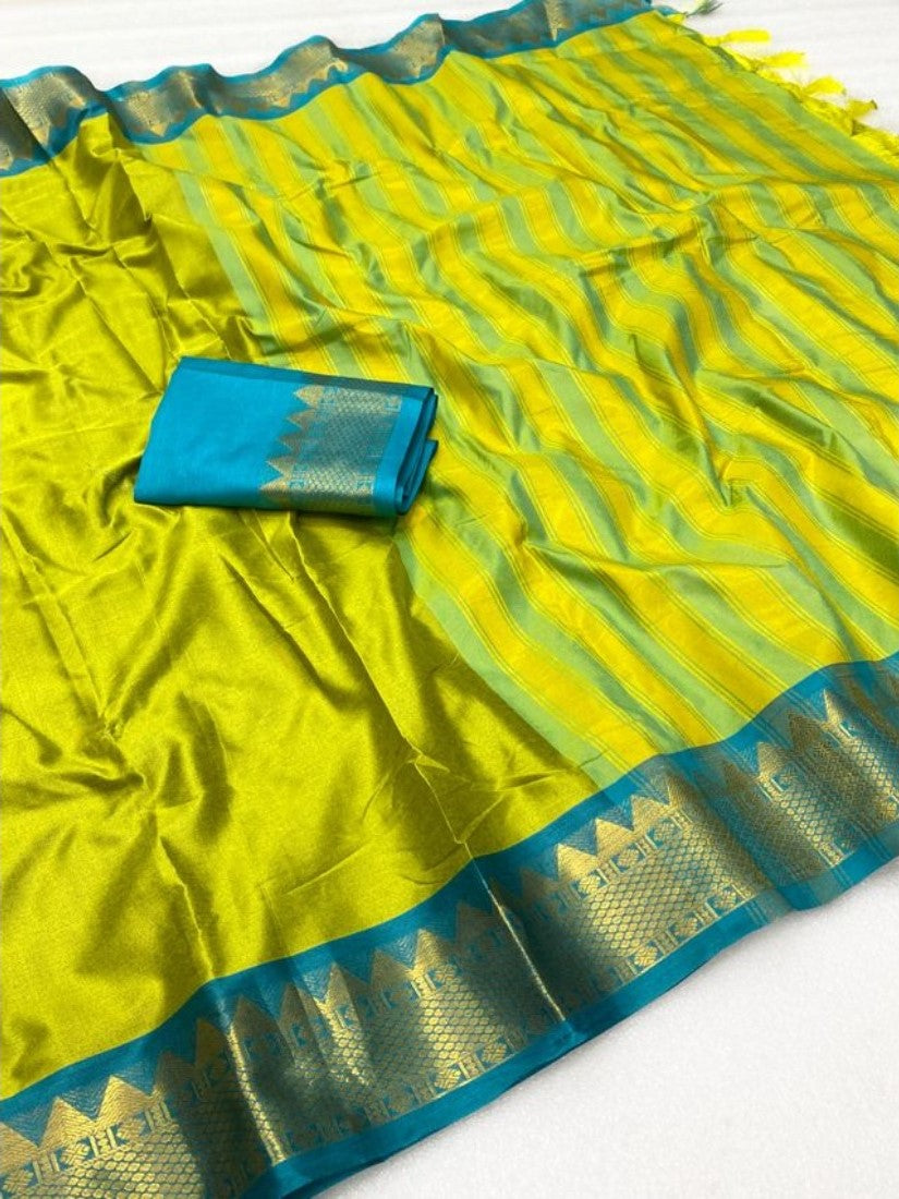 Women's Cotton Silk Striped Saree With Unstitched Blouse - 5.5 Mtr (Lemon Yellow-Teal Blue)