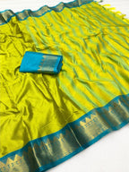 Women's Cotton Silk Striped Saree With Unstitched Blouse - 5.5 Mtr (Lemon Yellow-Teal Blue)