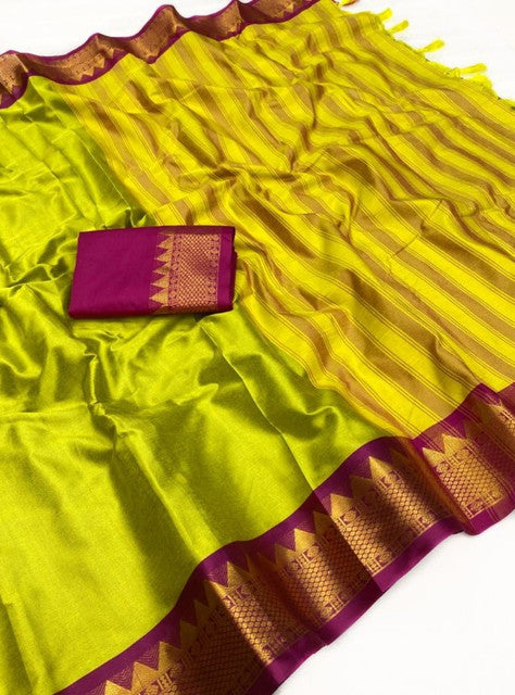 Women's Cotton Silk Striped Saree With Unstitched Blouse - 5.5 Mtr (Light Green-Purple)