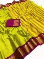 Women's Cotton Silk Striped Saree With Unstitched Blouse - 5.5 Mtr (Light Green-Purple)