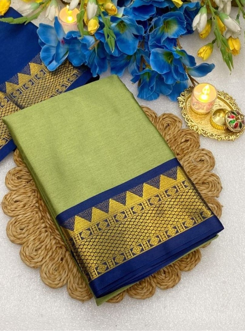 Women's Cotton Silk Striped Saree With Unstitched Blouse - 5.5 Mtr (Pista Green-Blue)