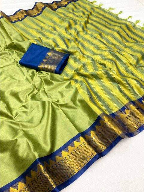 Women's Cotton Silk Striped Saree With Unstitched Blouse - 5.5 Mtr (Pista Green-Blue)