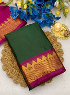 Women's Cotton Silk Striped Saree With Unstitched Blouse - 5.5 Mtr (Dark Green-Magenta)