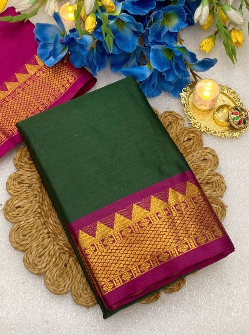 Women's Cotton Silk Striped Saree With Unstitched Blouse - 5.5 Mtr (Dark Green-Magenta)