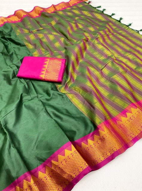 Women's Cotton Silk Striped Saree With Unstitched Blouse - 5.5 Mtr (Dark Green-Magenta)