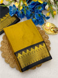 Women's Cotton Silk Striped Saree With Unstitched Blouse - 5.5 Mtr (Mustard Yellow-Black)