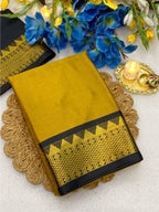 Women's Cotton Silk Striped Saree With Unstitched Blouse - 5.5 Mtr (Mustard Yellow-Black)