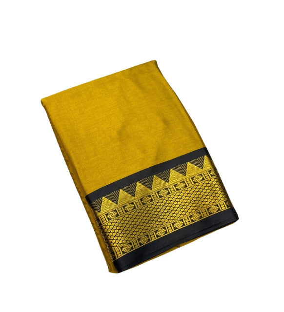 Women's Cotton Silk Striped Saree With Unstitched Blouse - 5.5 Mtr (Mustard Yellow-Black)