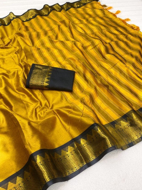 Women's Cotton Silk Striped Saree With Unstitched Blouse - 5.5 Mtr (Mustard Yellow-Black)