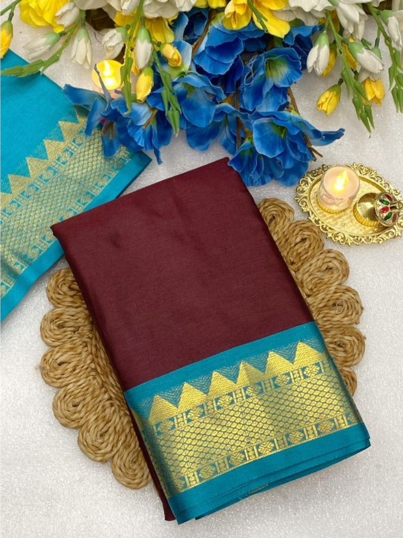 Women's Cotton Silk Striped Saree With Unstitched Blouse - 5.5 Mtr (Maroon-Turquoise)