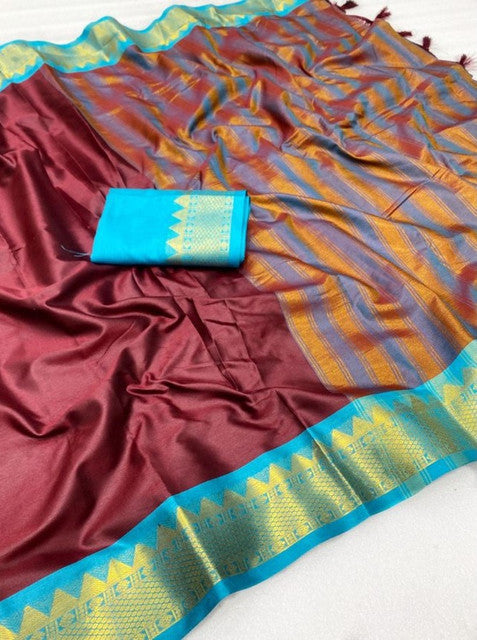 Women's Cotton Silk Striped Saree With Unstitched Blouse - 5.5 Mtr (Maroon-Turquoise)